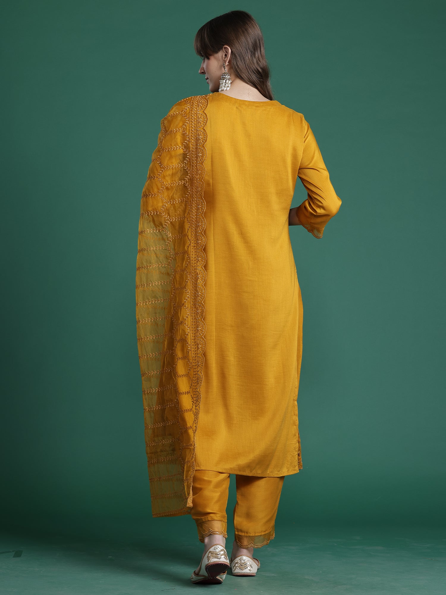 Indo Era Mustard Embroidered Straight Kurta Trousers With Dupatta Set- IE