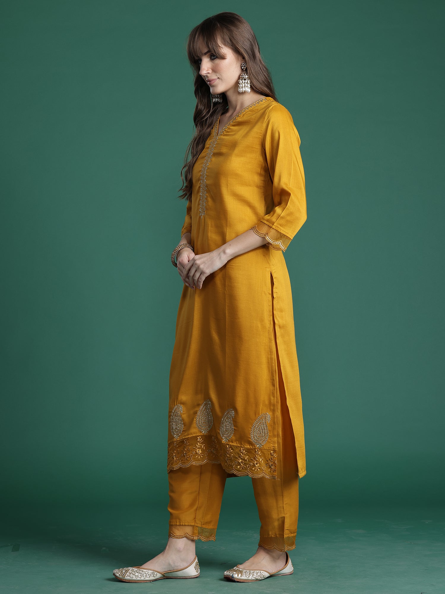Indo Era Mustard Embroidered Straight Kurta Trousers With Dupatta Set- IE