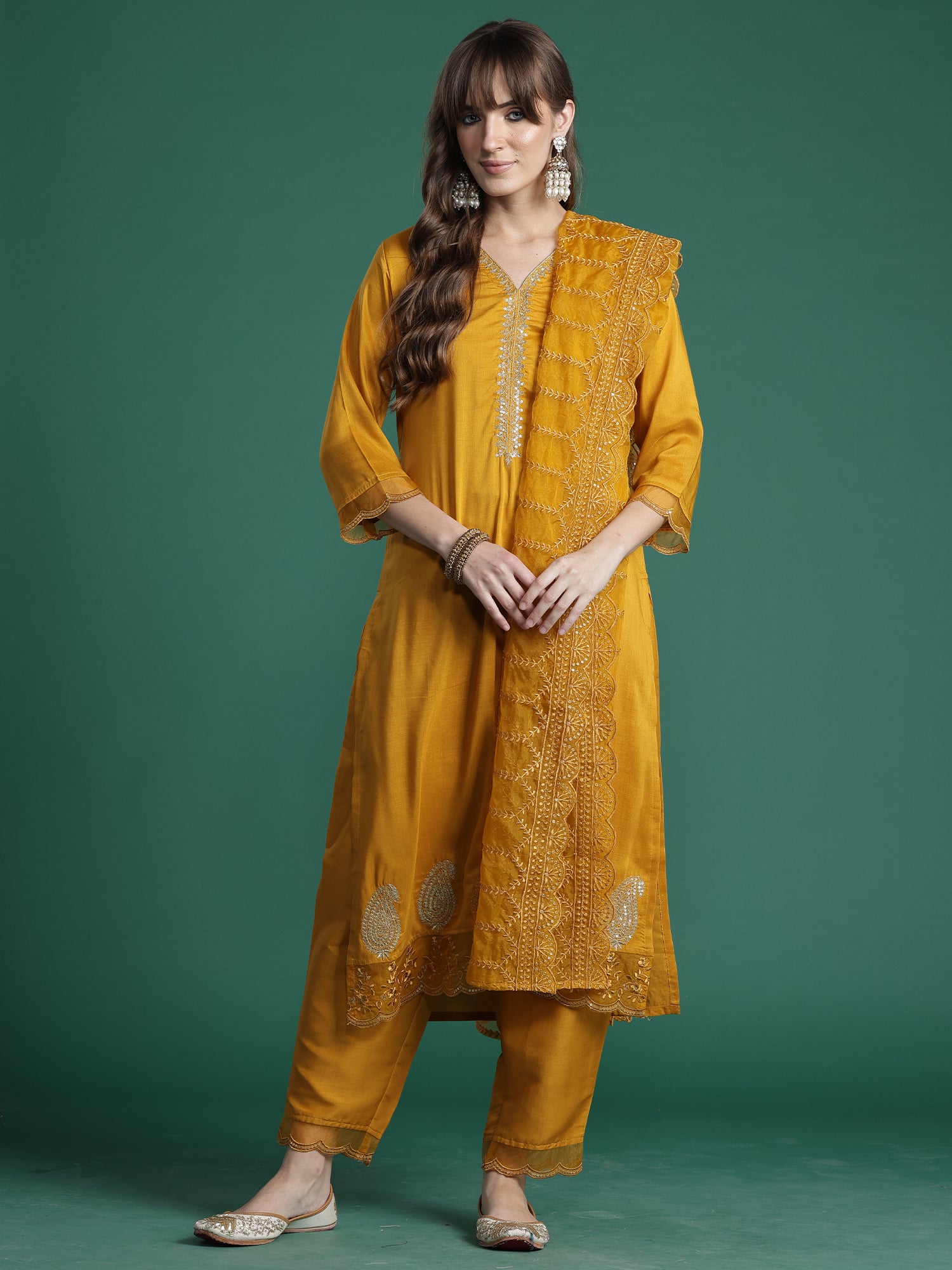 Indo Era Mustard Embroidered Straight Kurta Trousers With Dupatta Set- IE