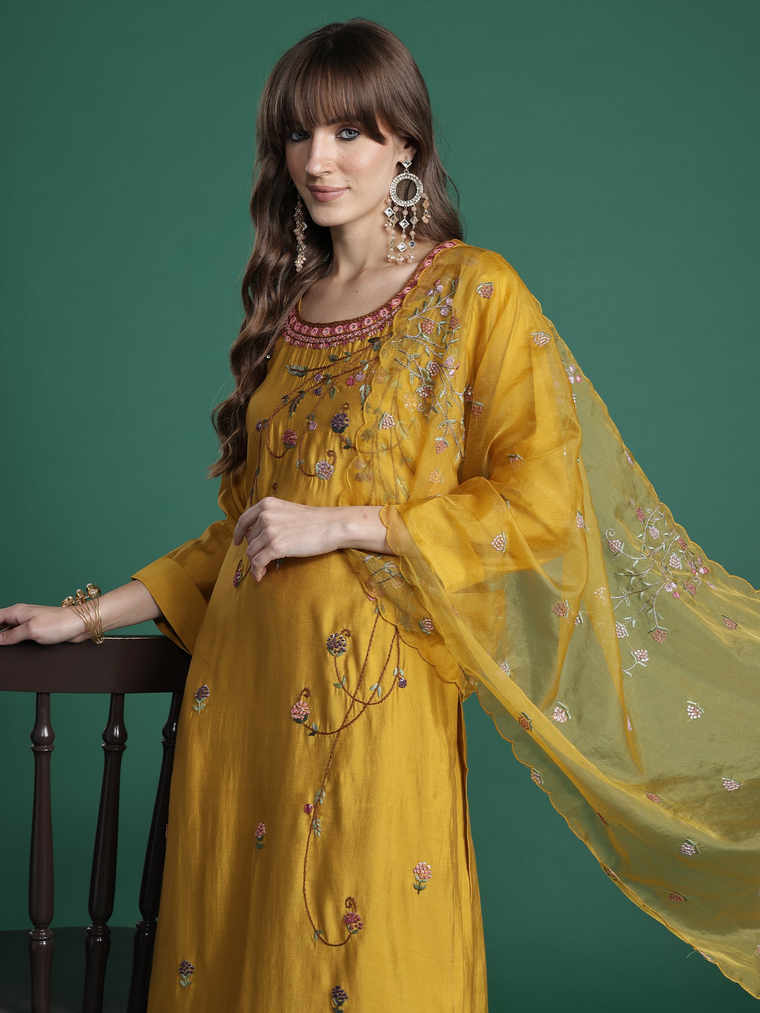 Indo era Mustard Embroidered Straight Kurta Trousers With Dupatta Set- IE