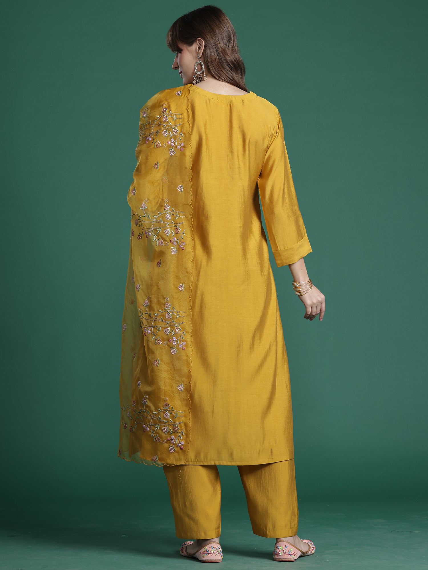 Indo era Mustard Embroidered Straight Kurta Trousers With Dupatta Set- IE