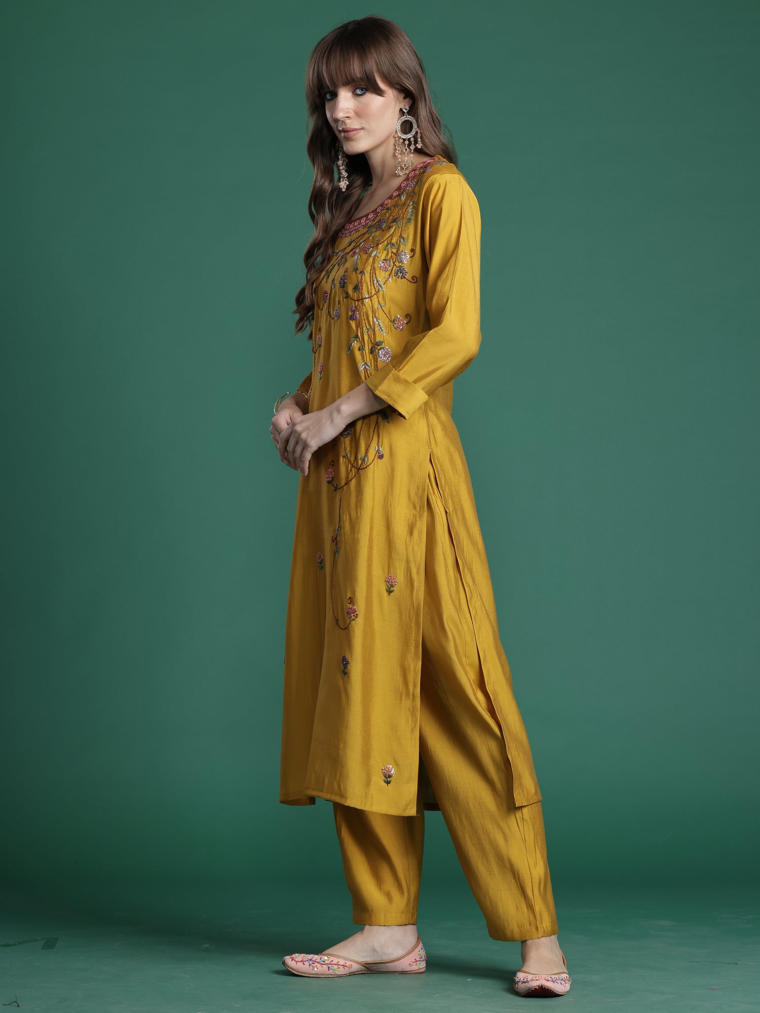 Indo era Mustard Embroidered Straight Kurta Trousers With Dupatta Set- IE