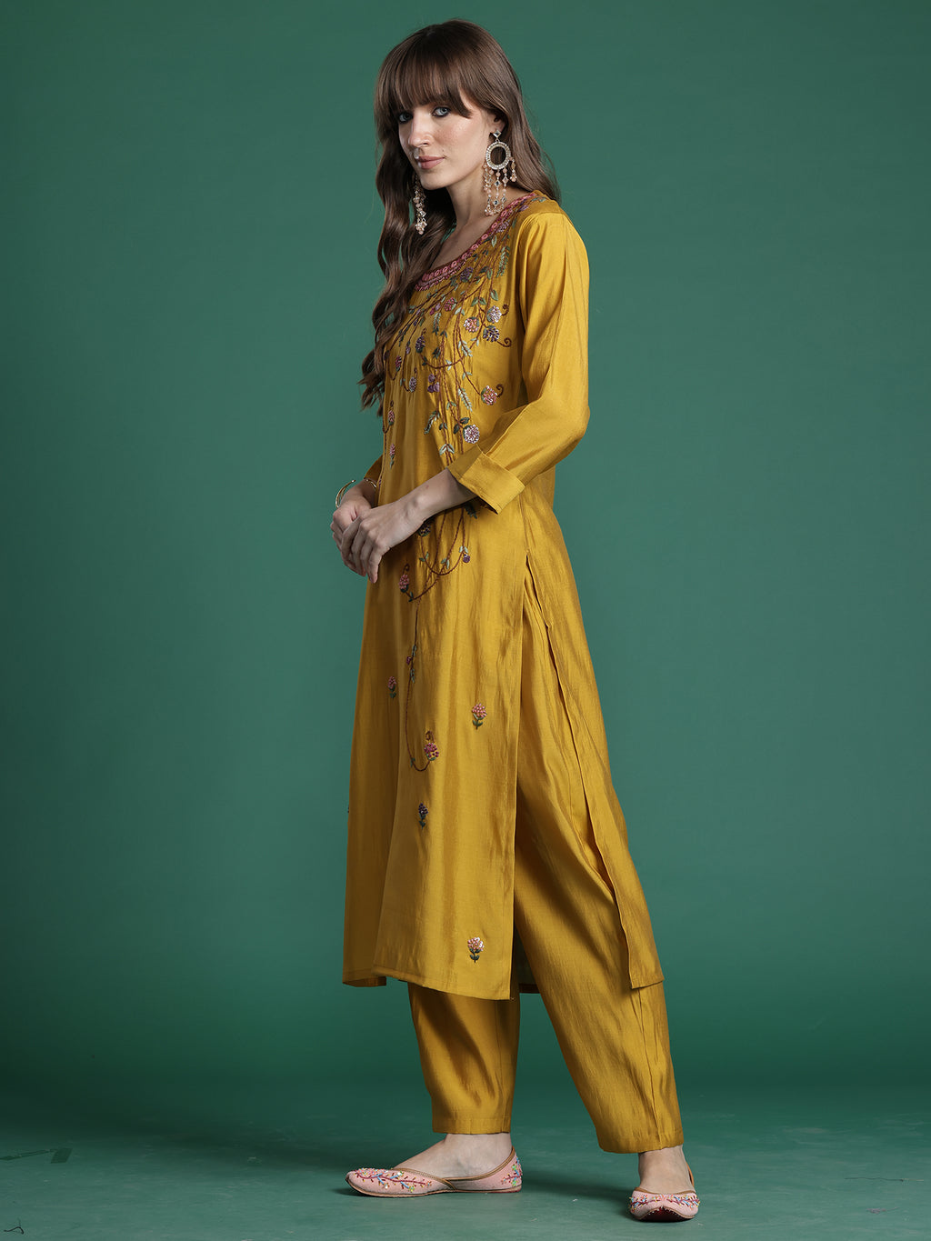 Indo era Mustard Embroidered Straight Kurta Trousers With Dupatta Set- IE