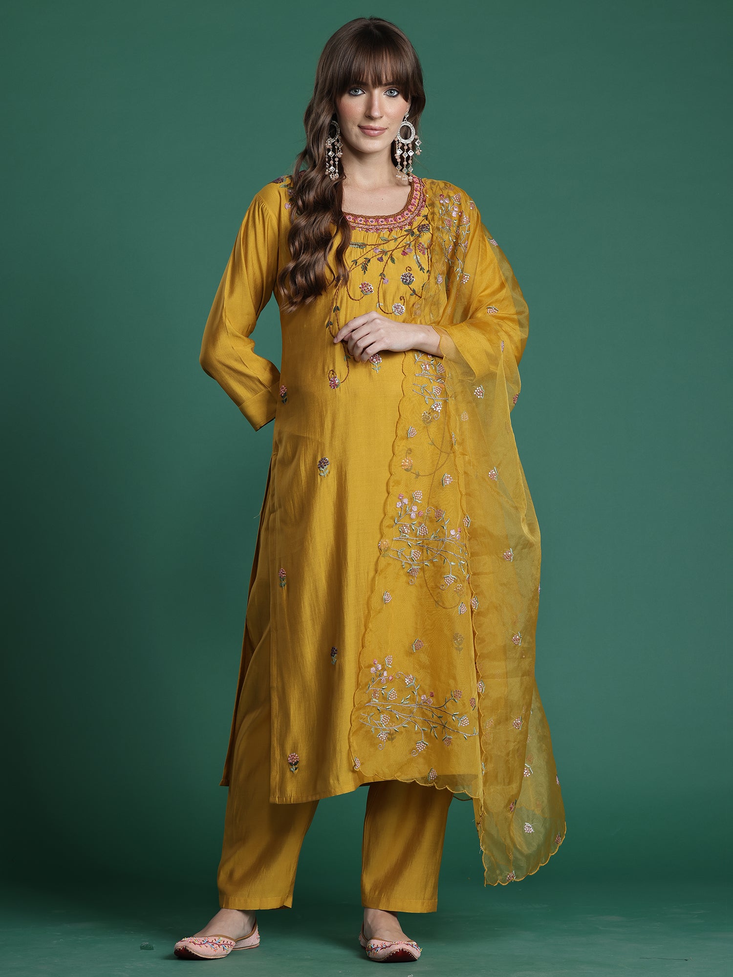 Indo era Mustard Embroidered Straight Kurta Trousers With Dupatta Set- IE