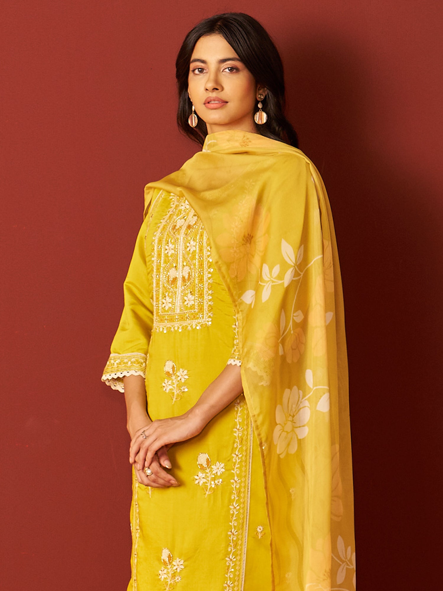 Indo Era Mustard Embroidered Straight Kurta Trousers With Dupatta Set- IE