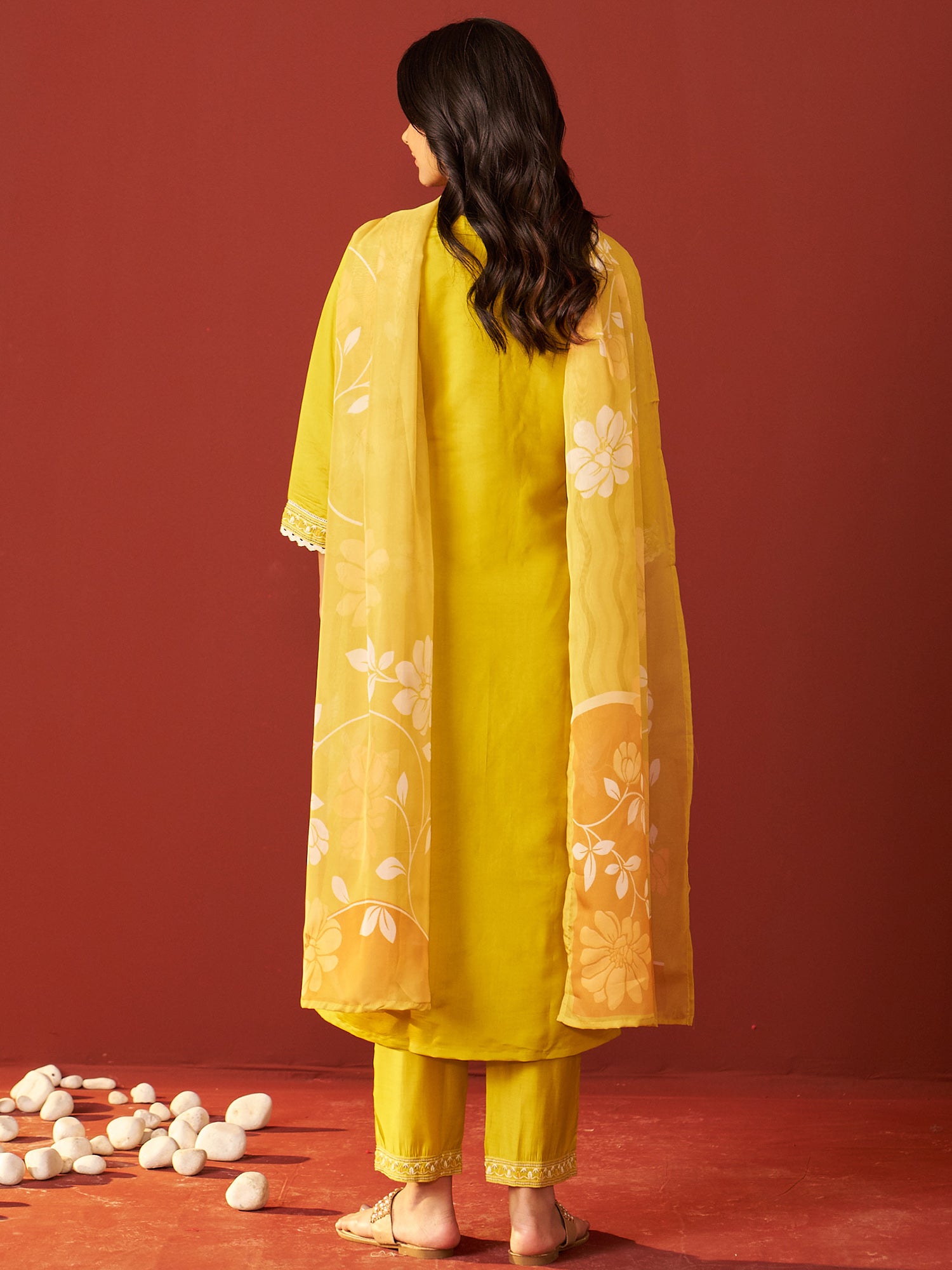 Indo Era Mustard Embroidered Straight Kurta Trousers With Dupatta Set- IE