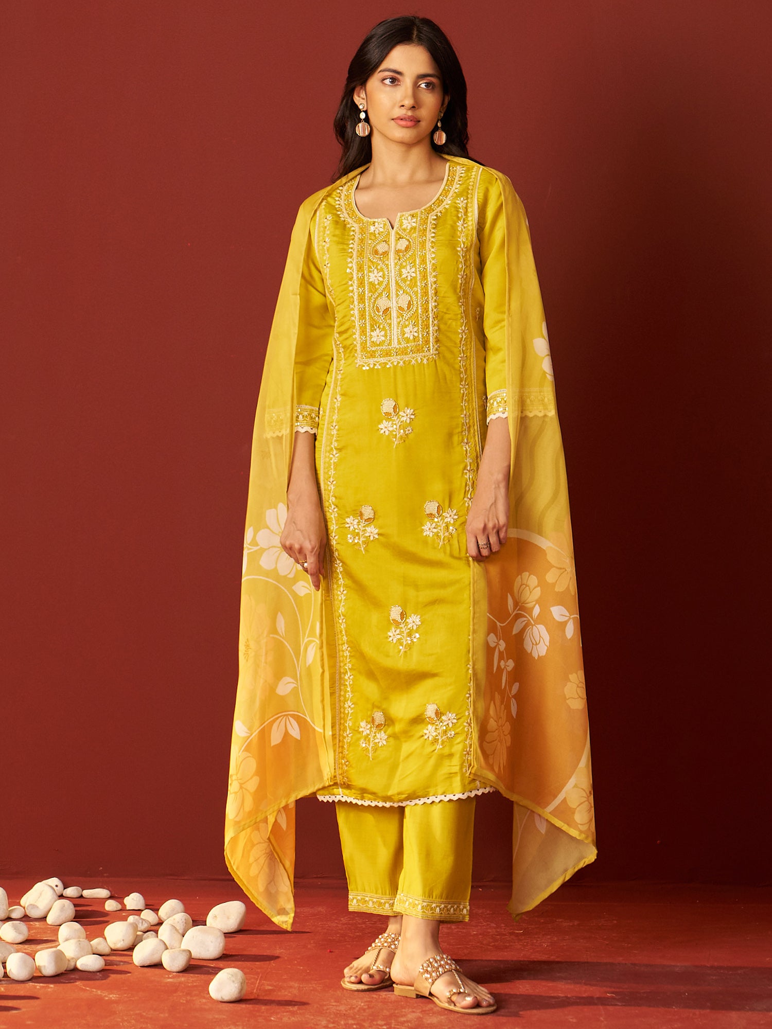 Indo Era Mustard Embroidered Straight Kurta Trousers With Dupatta Set- IE