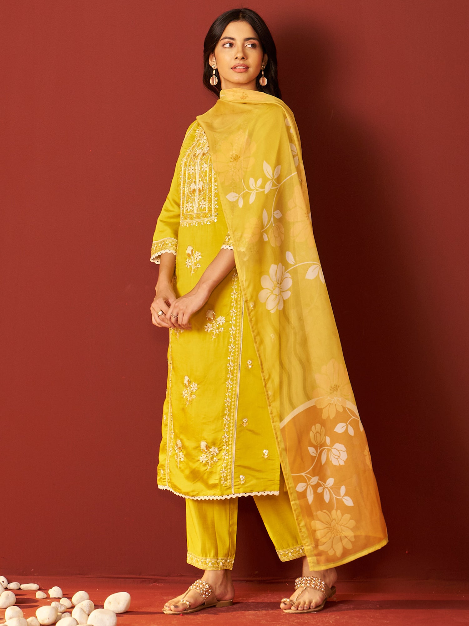 Indo Era Mustard Embroidered Straight Kurta Trousers With Dupatta Set- IE