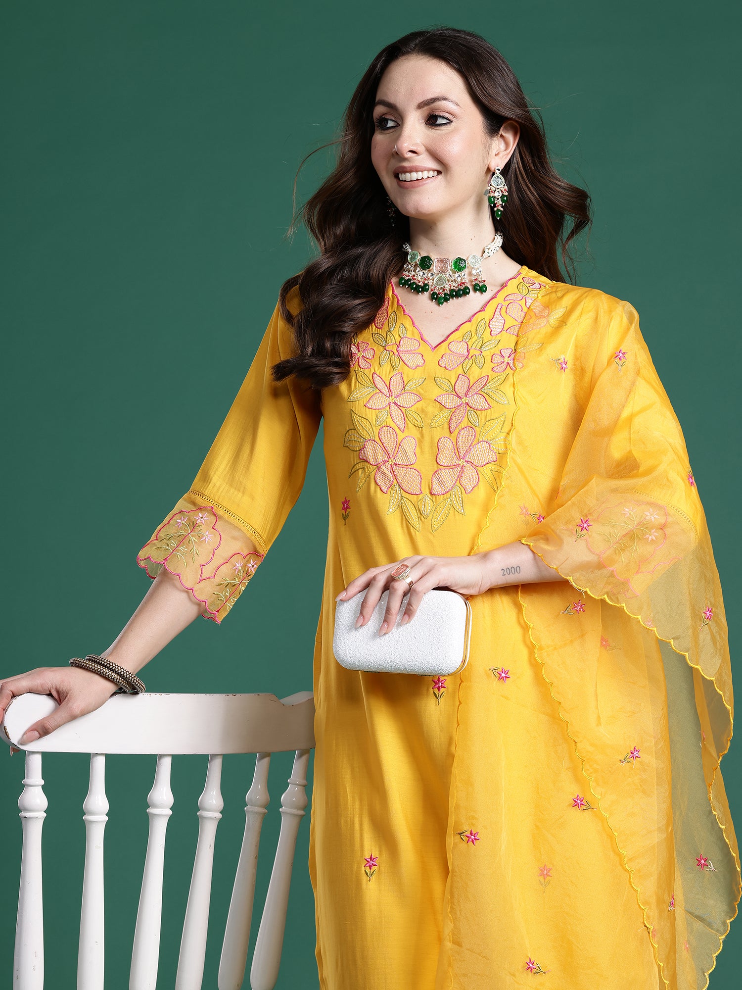 Indo Era Mustard Solid Straight Kurta Trousers With Dupatta set- IE