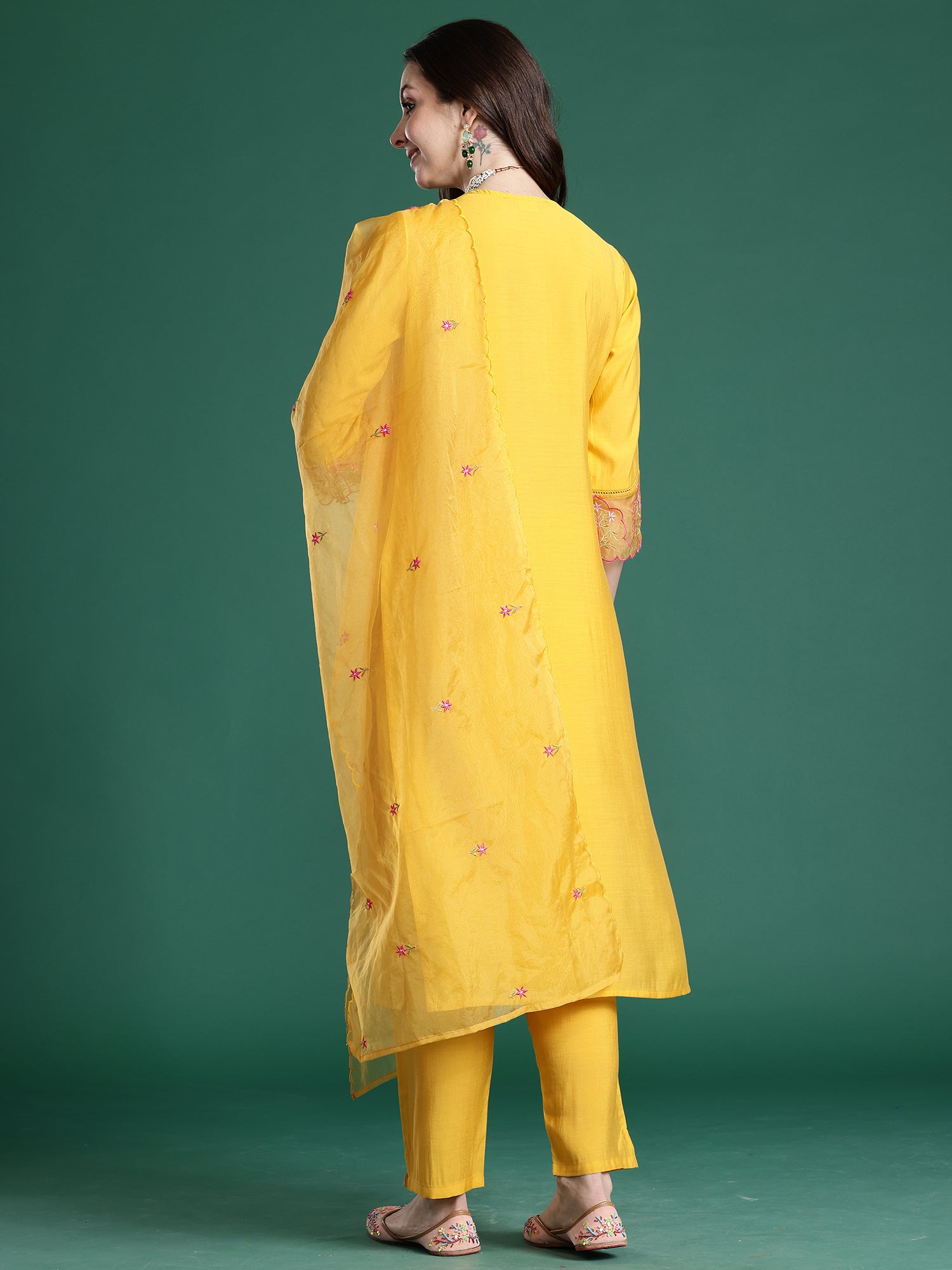 Indo Era Mustard Solid Straight Kurta Trousers With Dupatta set- IE