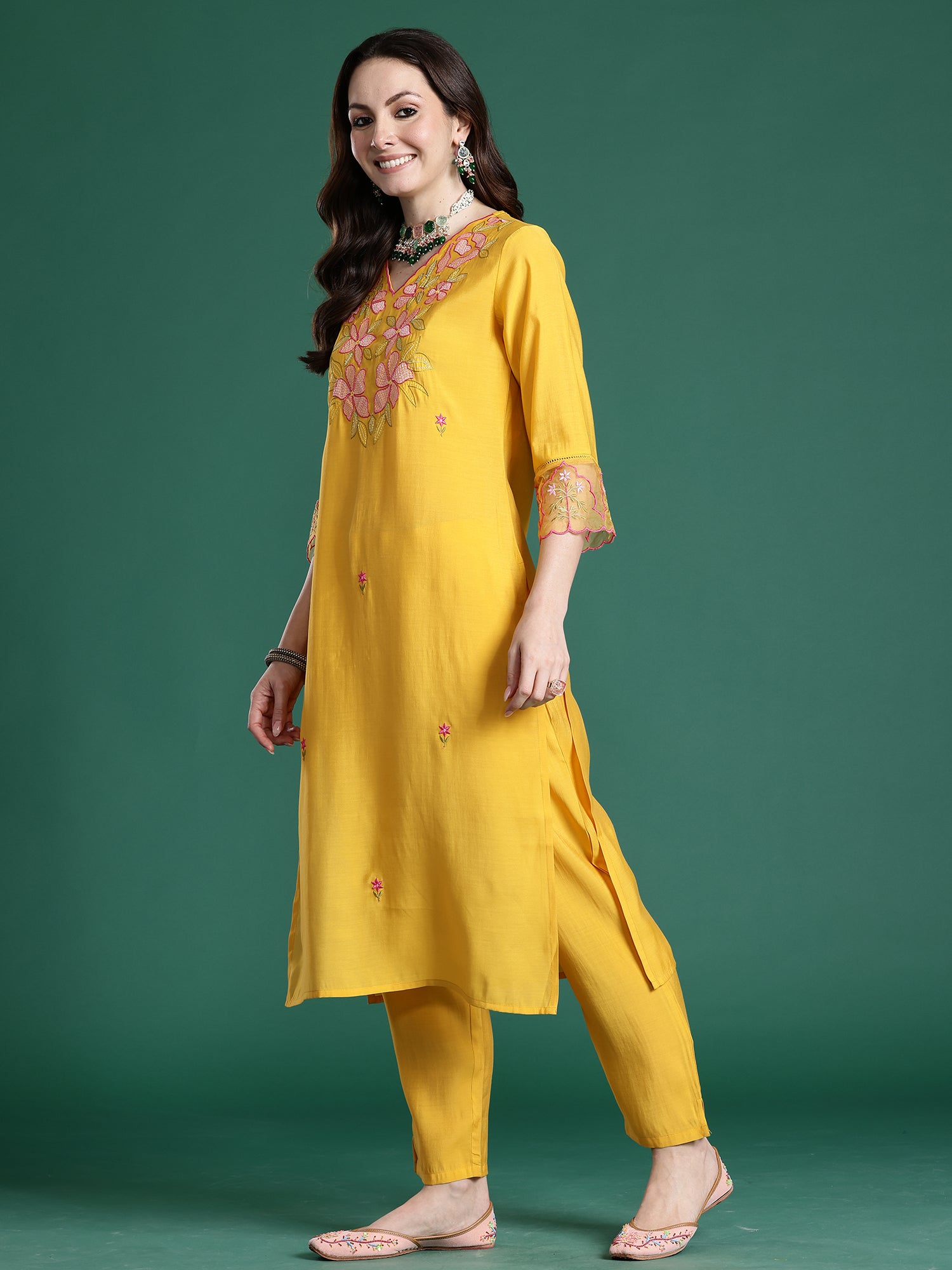 Indo Era Mustard Solid Straight Kurta Trousers With Dupatta set- IE
