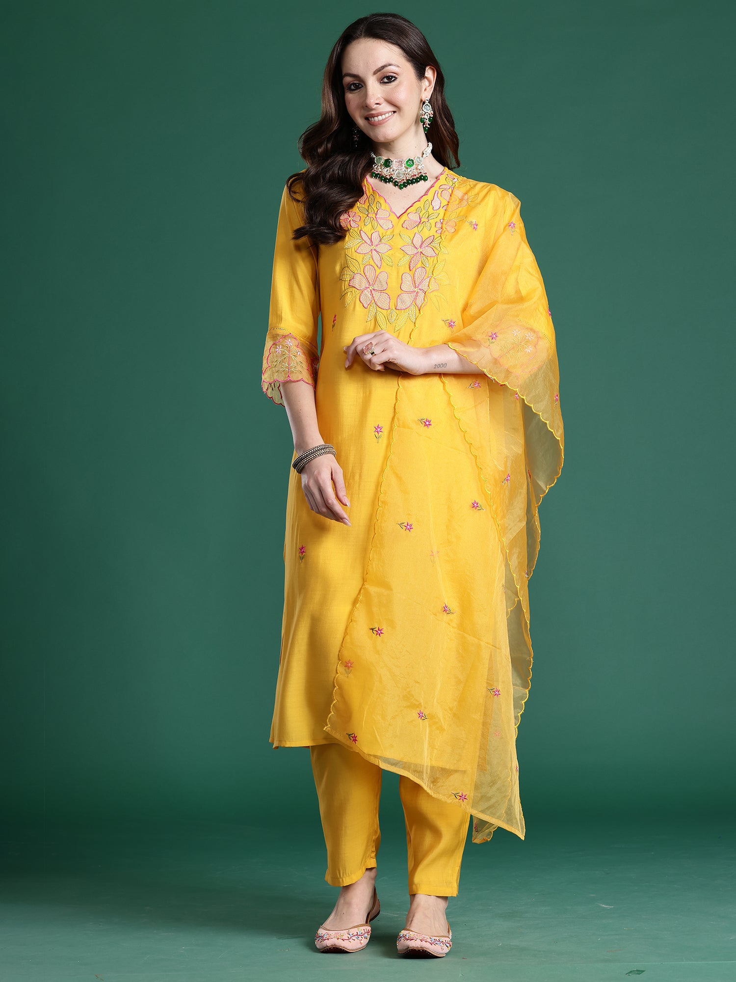 Indo Era Mustard Solid Straight Kurta Trousers With Dupatta set- IE