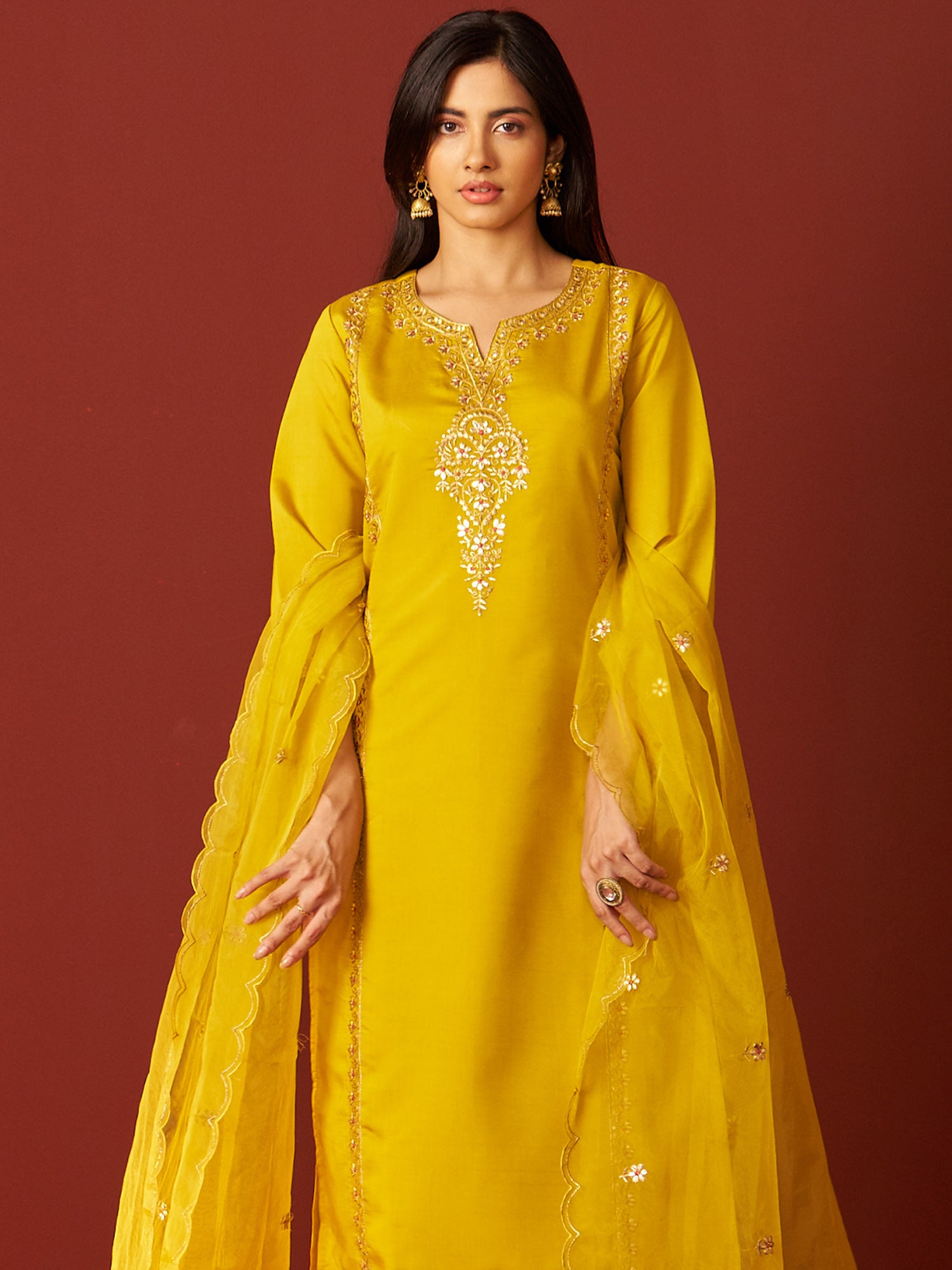 Indo Era Mustard Embroidered Straight Kurta Trousers With Dupatta Set- IE