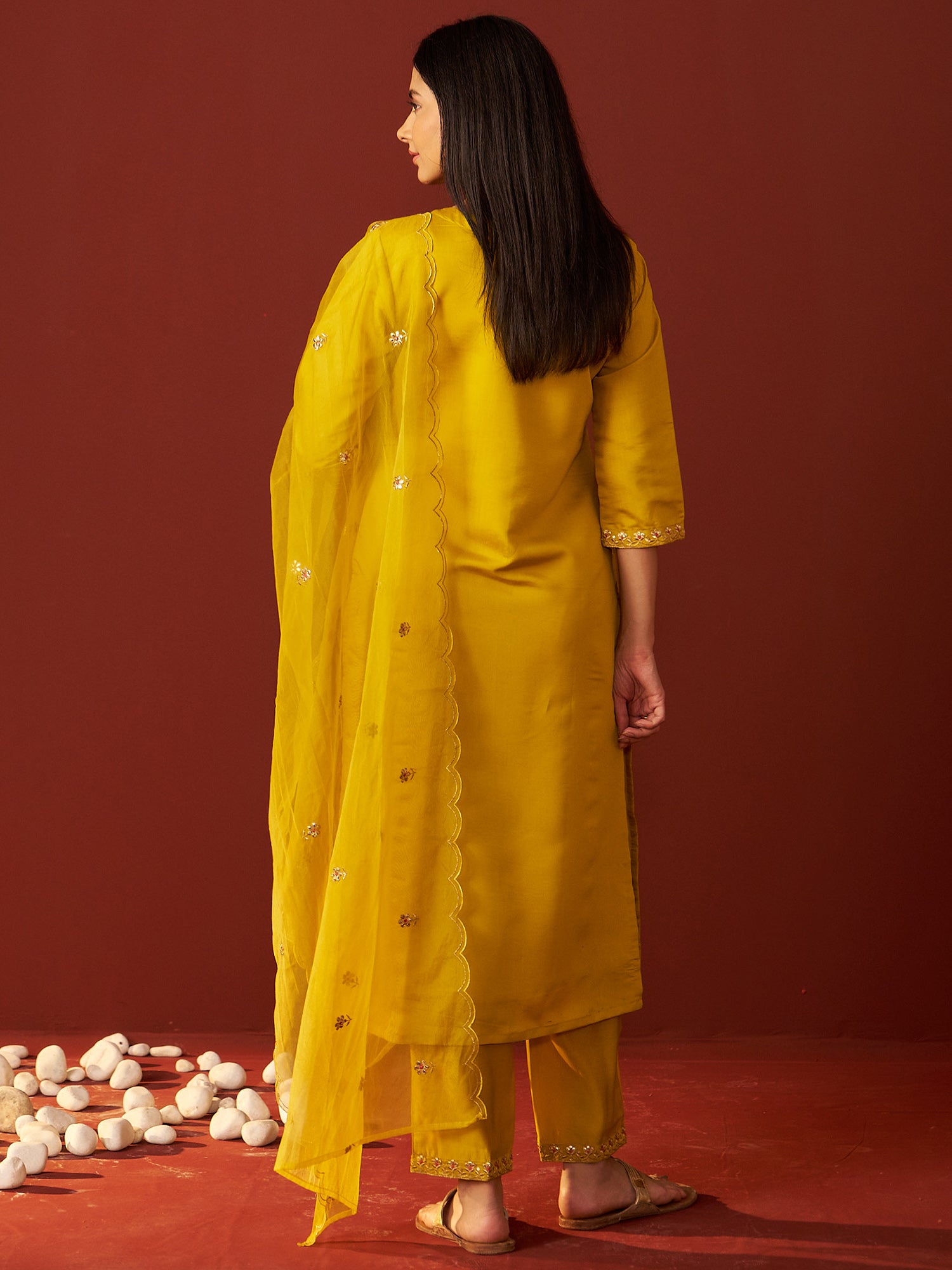 Indo Era Mustard Embroidered Straight Kurta Trousers With Dupatta Set- IE