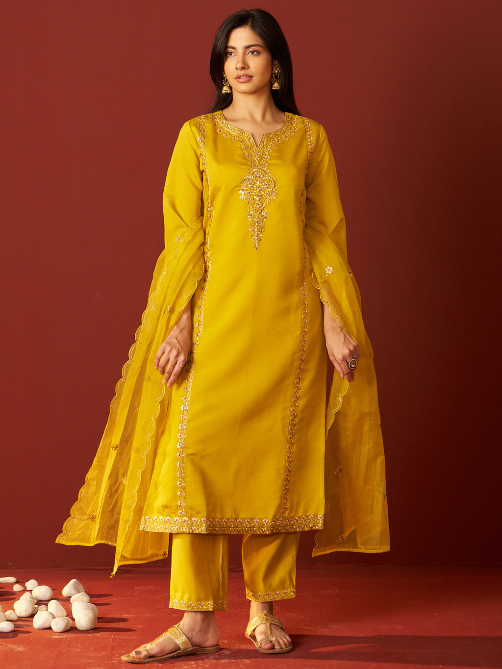 Indo Era Mustard Embroidered Straight Kurta Trousers With Dupatta Set- IE