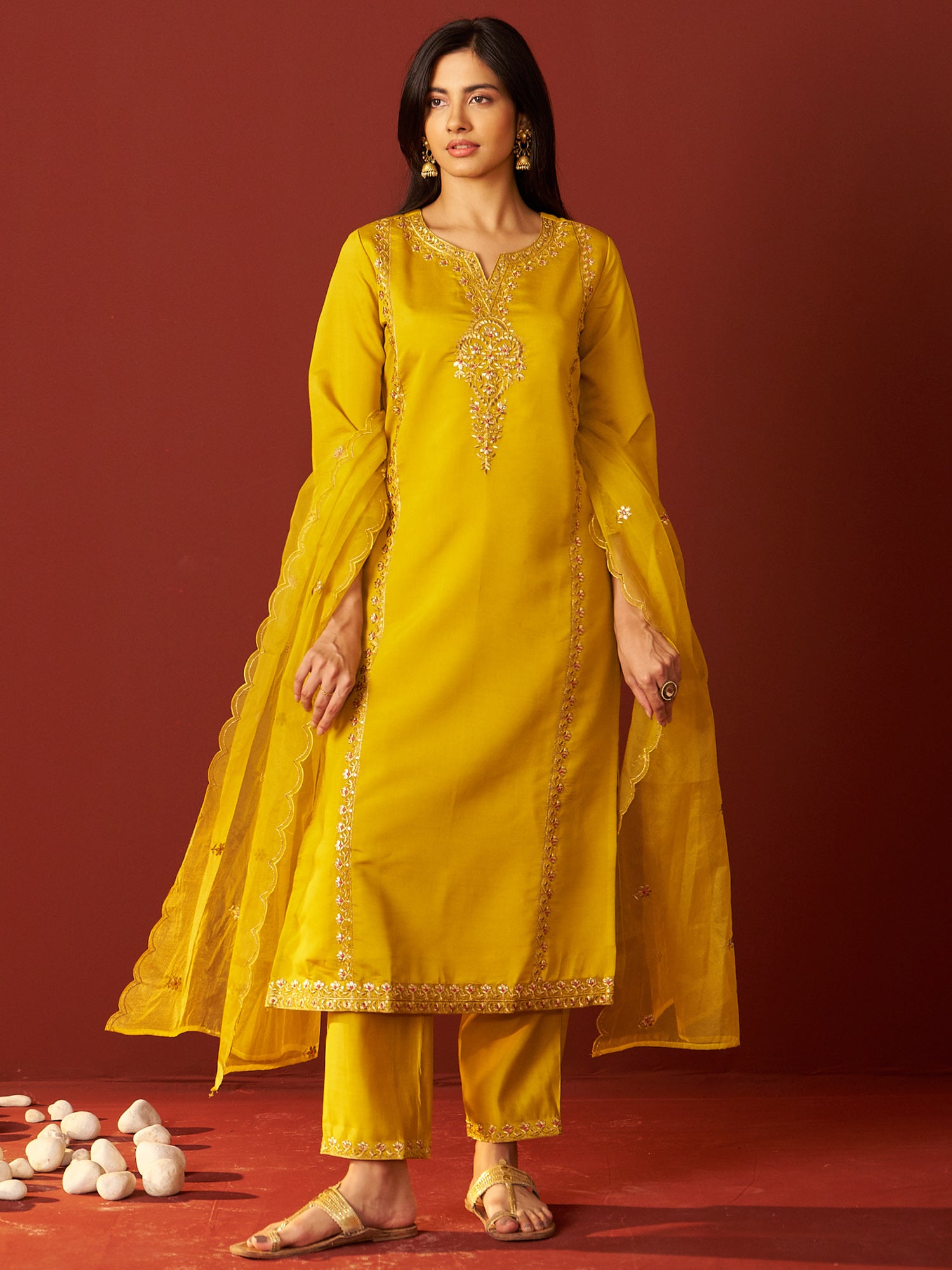 Indo Era Mustard Embroidered Straight Kurta Trousers With Dupatta Set- IE