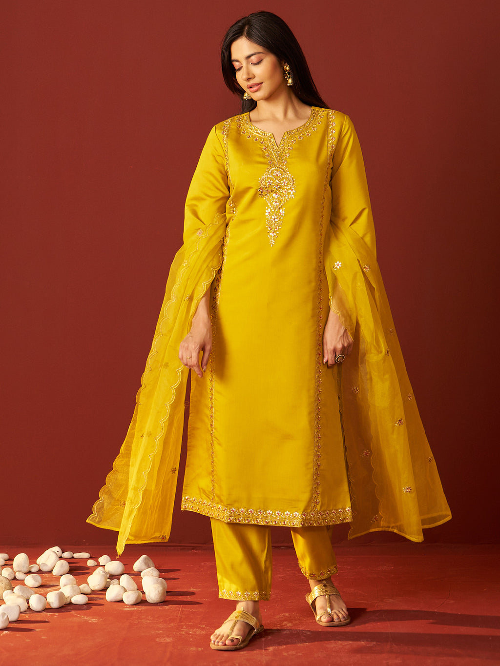 Indo Era Mustard Embroidered Straight Kurta Trousers With Dupatta Set- IE