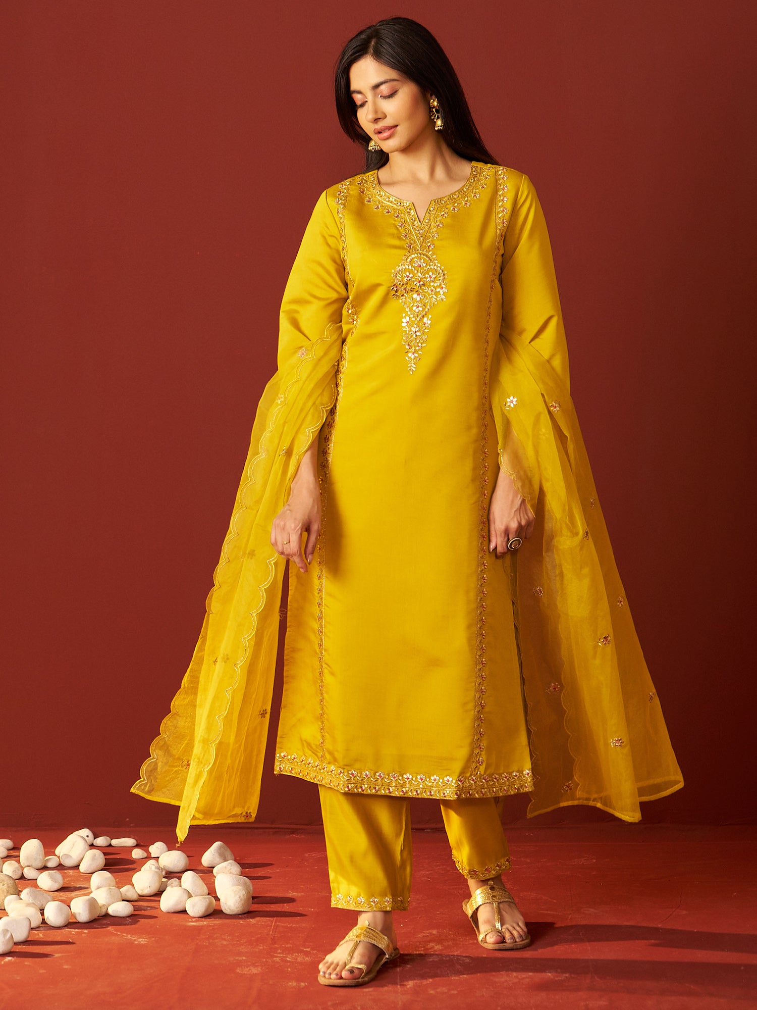 Indo Era Mustard Embroidered Straight Kurta Trousers With Dupatta Set- IE