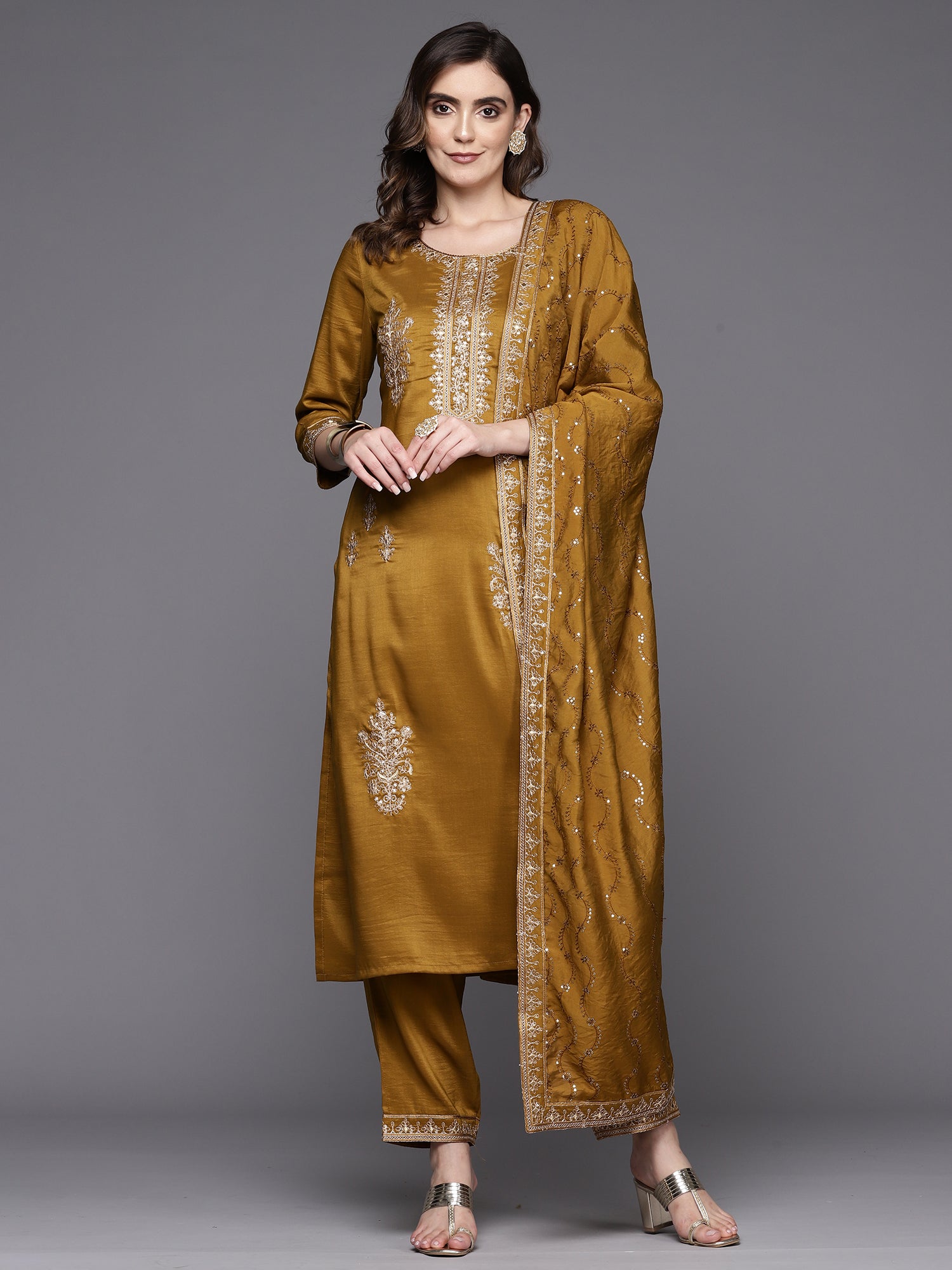 Mustard Embroidered Straight Kurta Trousers With Dupatta Set