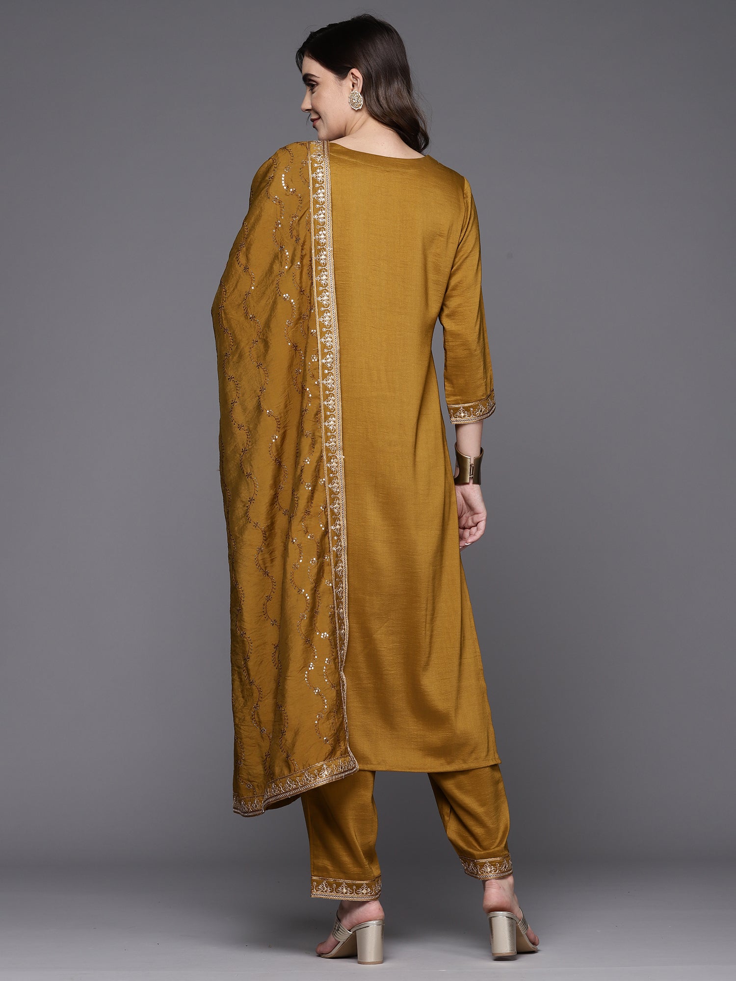 Mustard Embroidered Straight Kurta Trousers With Dupatta Set