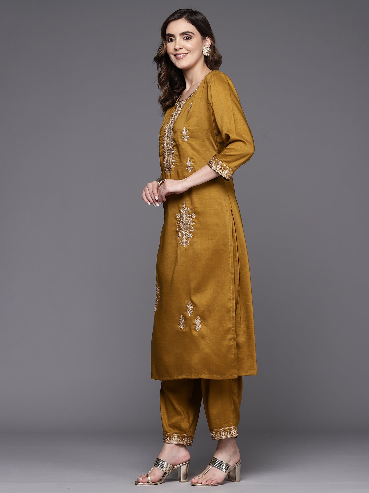 Mustard Embroidered Straight Kurta Trousers With Dupatta Set