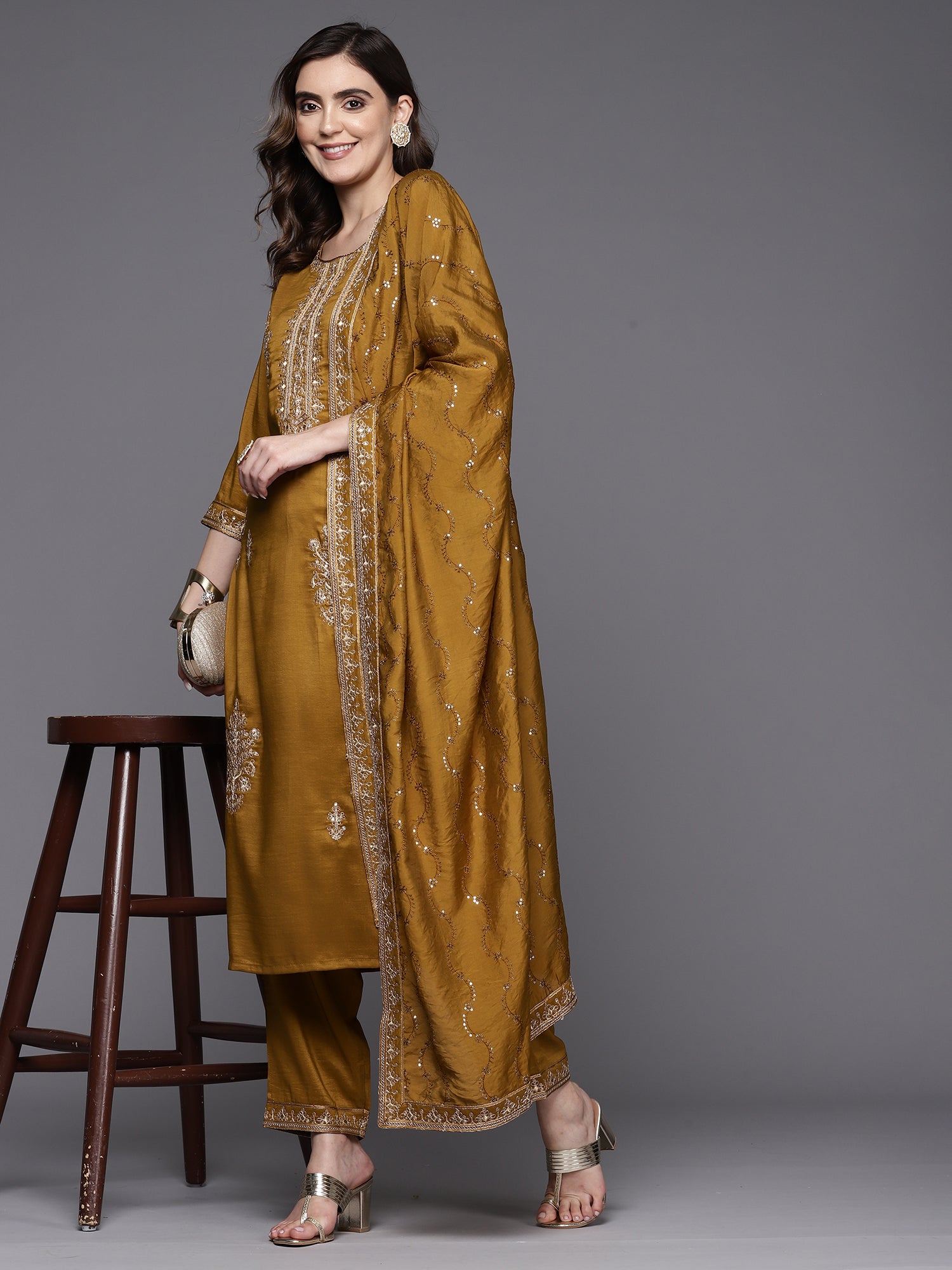 Mustard Embroidered Straight Kurta Trousers With Dupatta Set