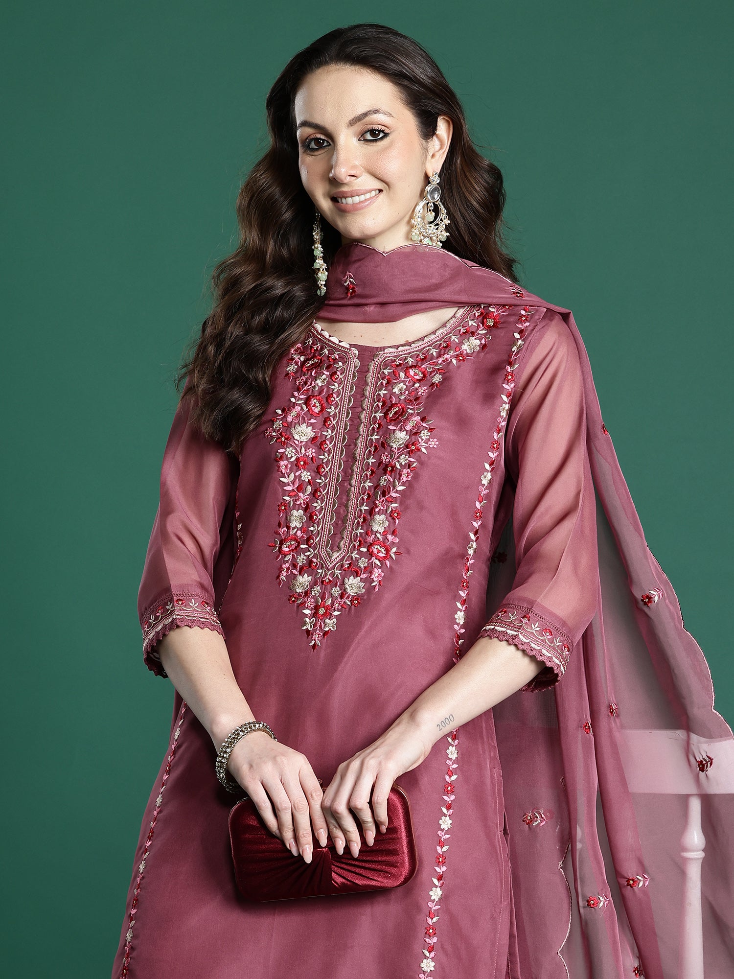 Indo Era Mauve Embroidered Straight Kurta Trousers With Dupatta set- IE