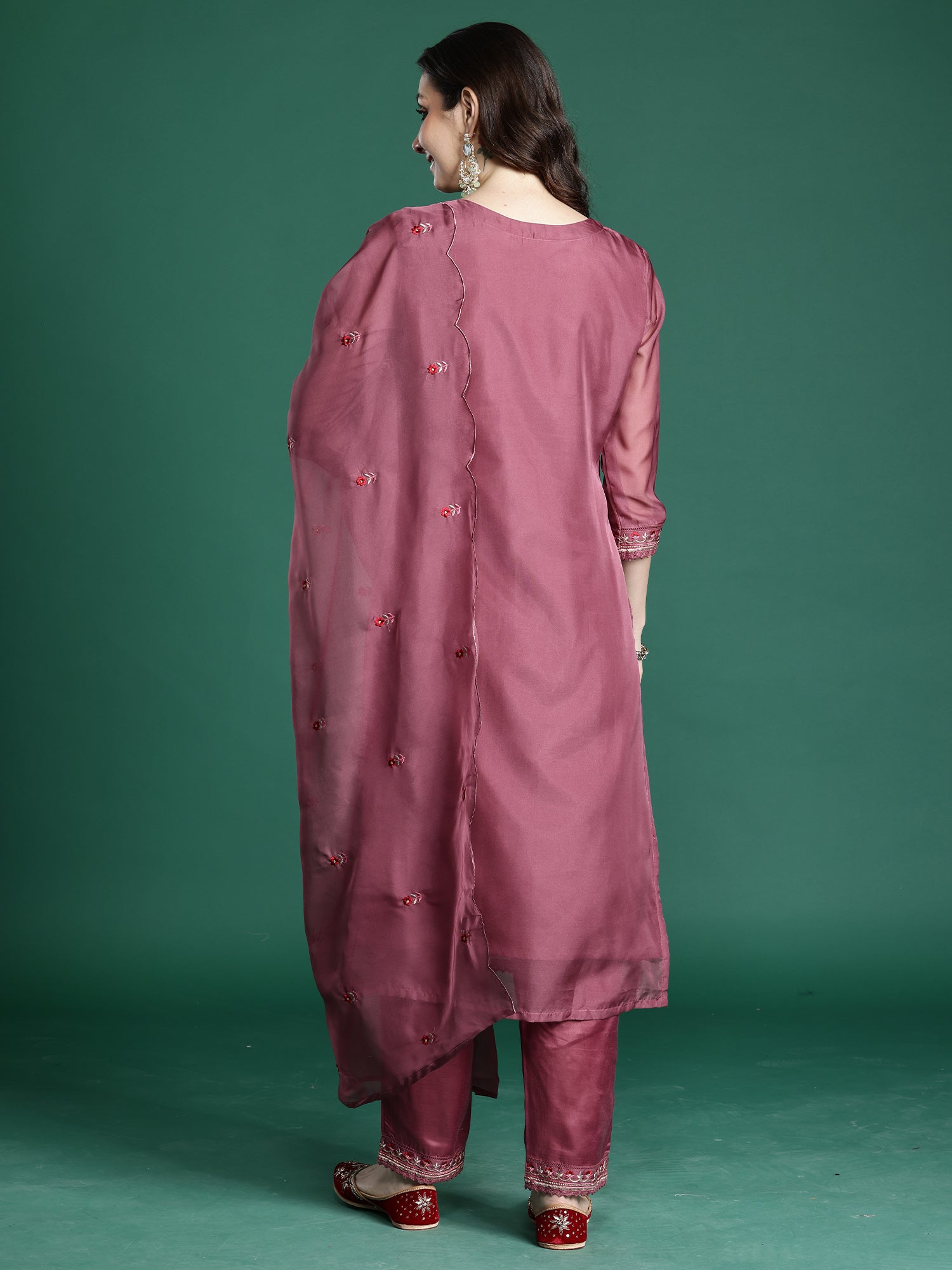 Indo Era Mauve Embroidered Straight Kurta Trousers With Dupatta set- IE