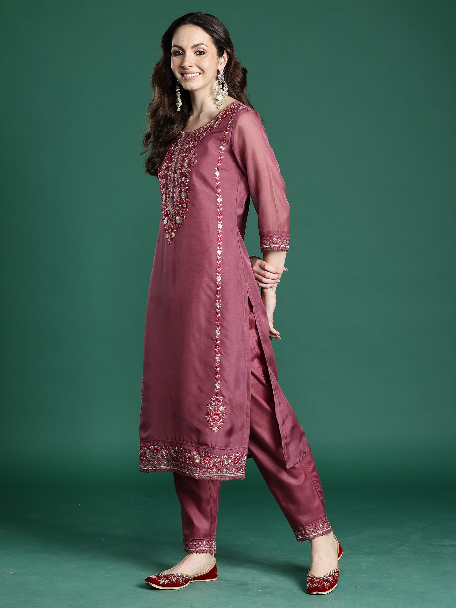 Indo Era Mauve Embroidered Straight Kurta Trousers With Dupatta set- IE