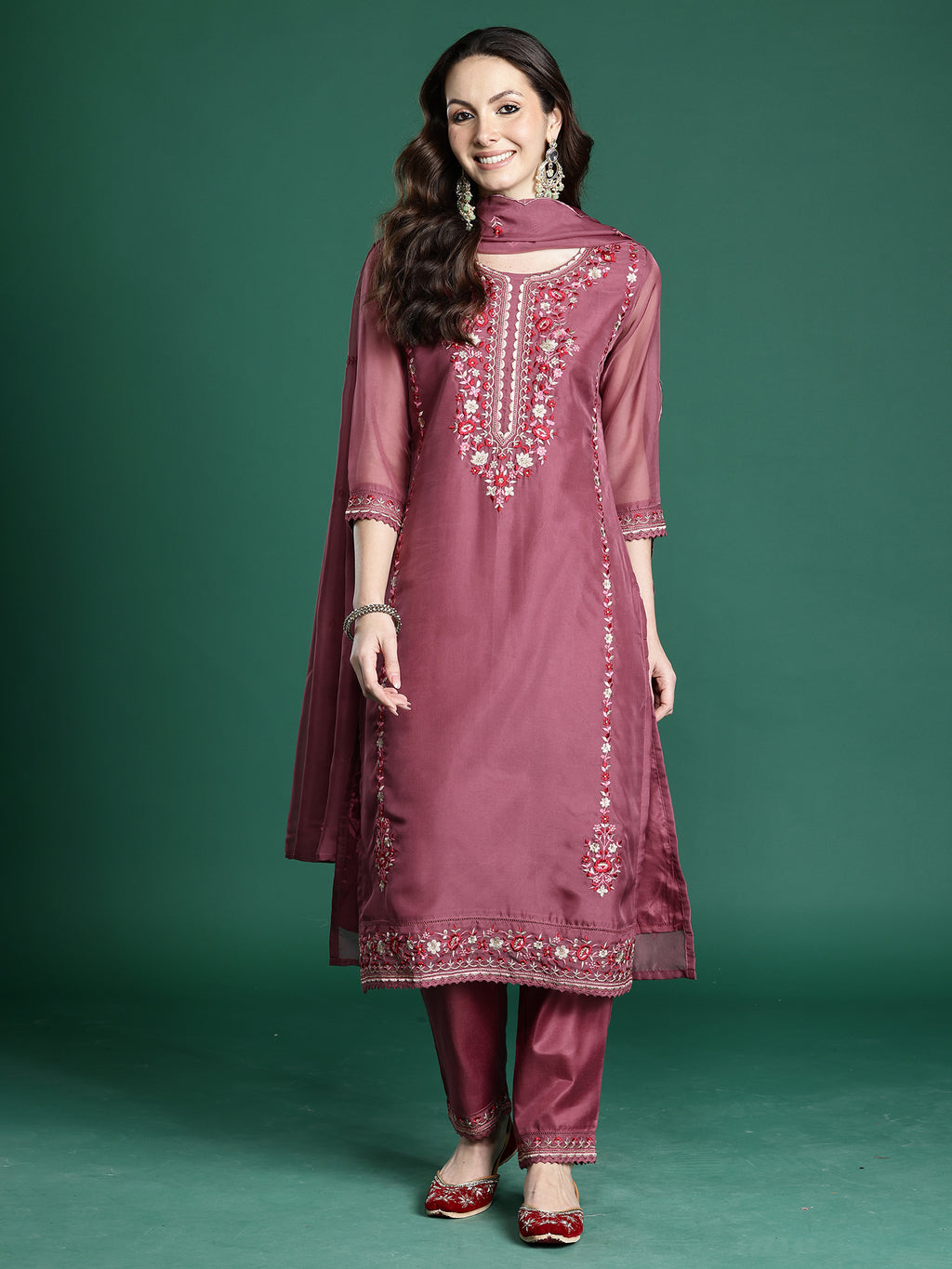 Indo Era Mauve Embroidered Straight Kurta Trousers With Dupatta set- IE