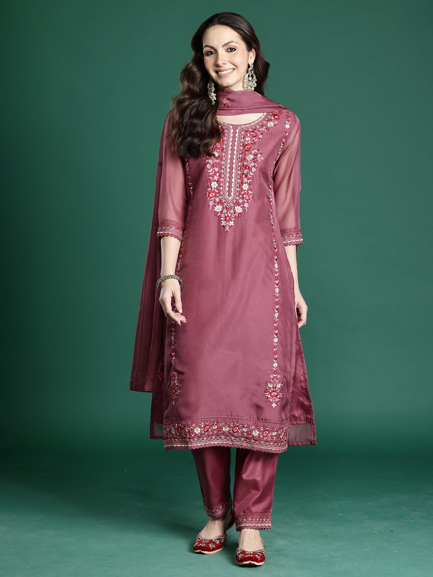Indo Era Mauve Embroidered Straight Kurta Trousers With Dupatta set- IE