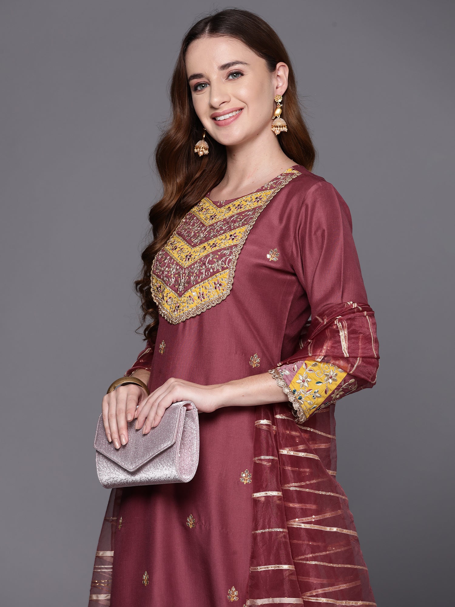 Mauve Embroidered Straight Kurta Trousers With Dupatta Set