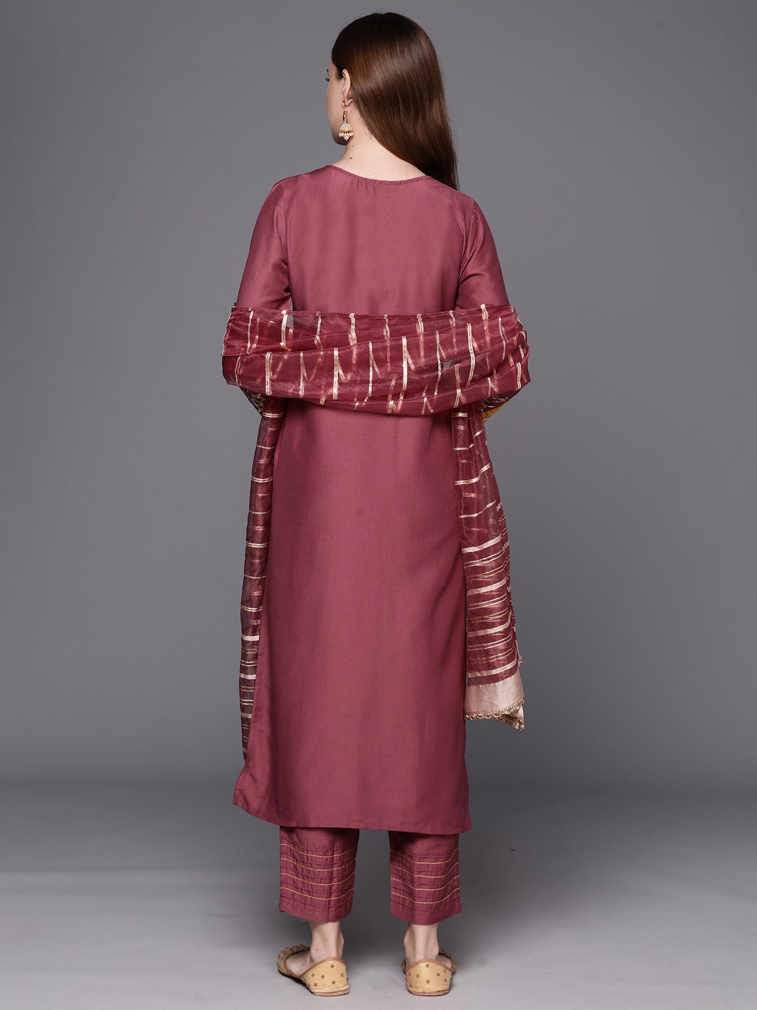 Mauve Embroidered Straight Kurta Trousers With Dupatta Set