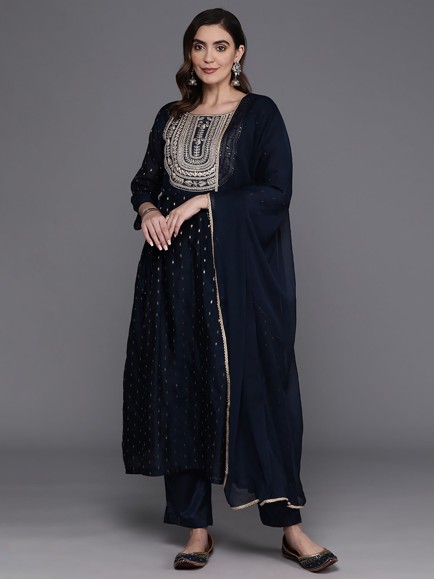 Navy Blue Embroidered A-Line Kurta Trousers With Dupatta Set