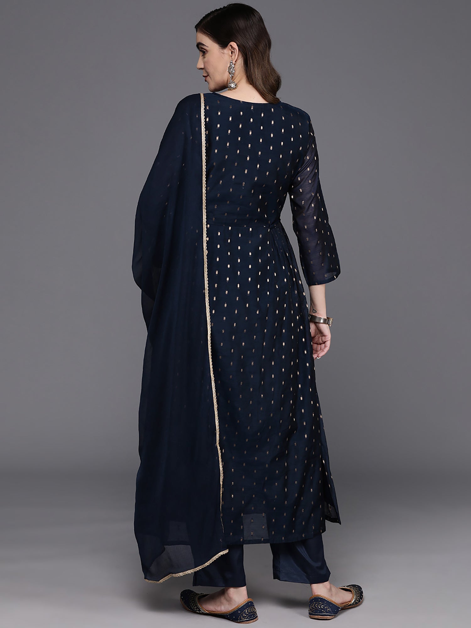 Navy Blue Embroidered A-Line Kurta Trousers With Dupatta Set