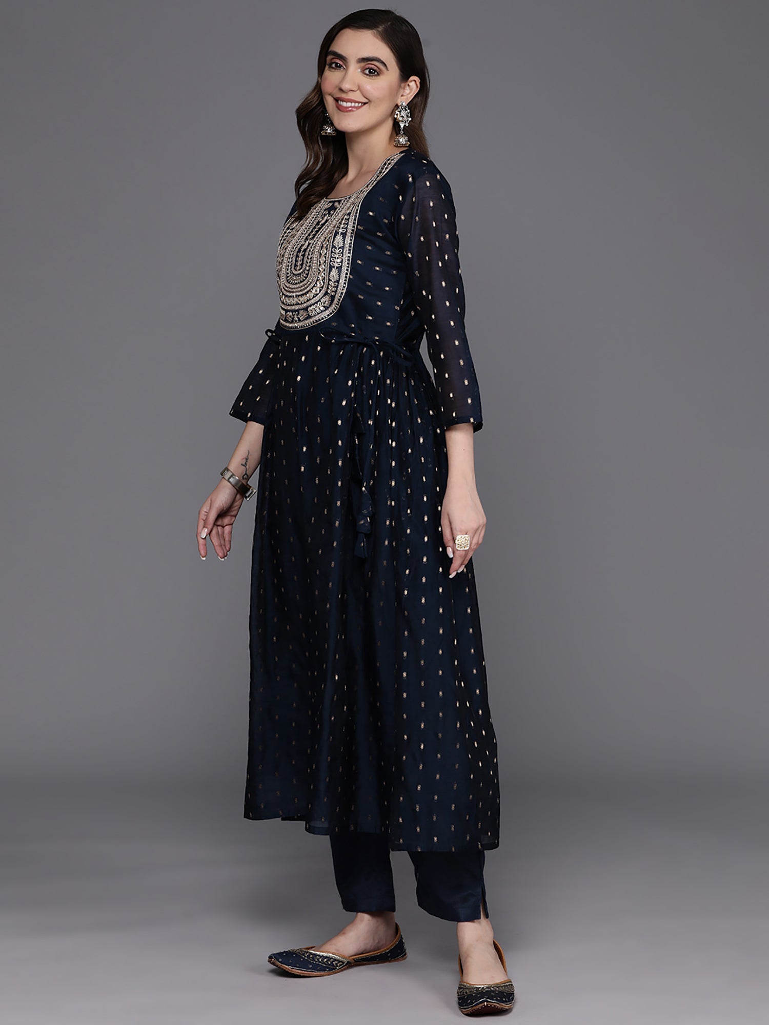 Navy Blue Embroidered A-Line Kurta Trousers With Dupatta Set