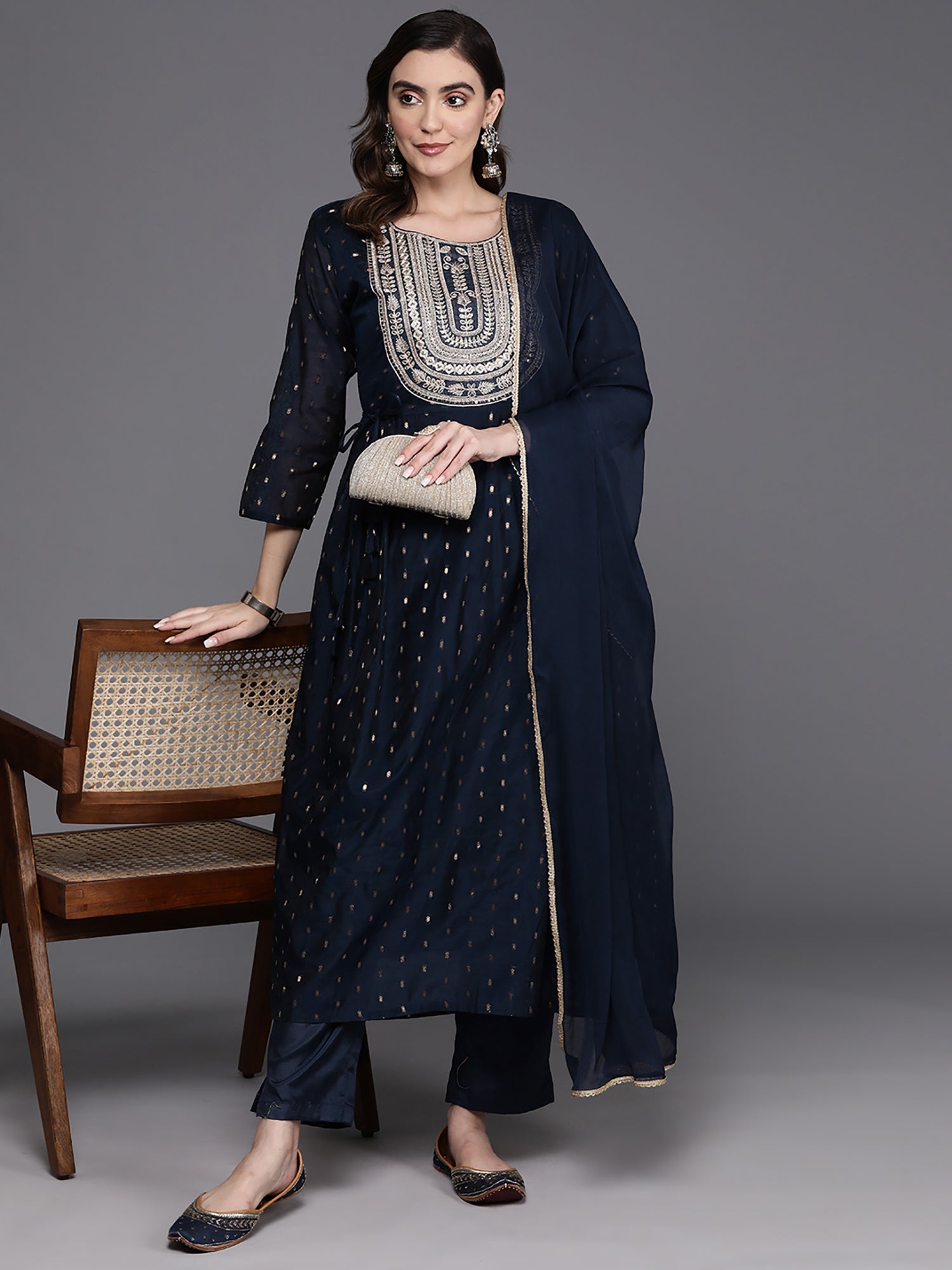 Navy Blue Embroidered A-Line Kurta Trousers With Dupatta Set