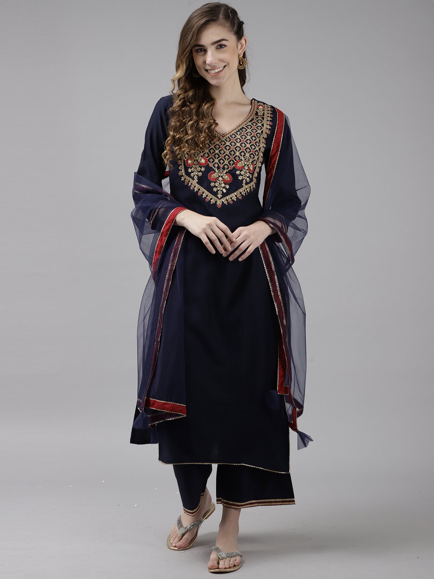 Women Navy Blue Ethnic Motifs Yoke Embroidered Kurta with Palazzos & Dupatta