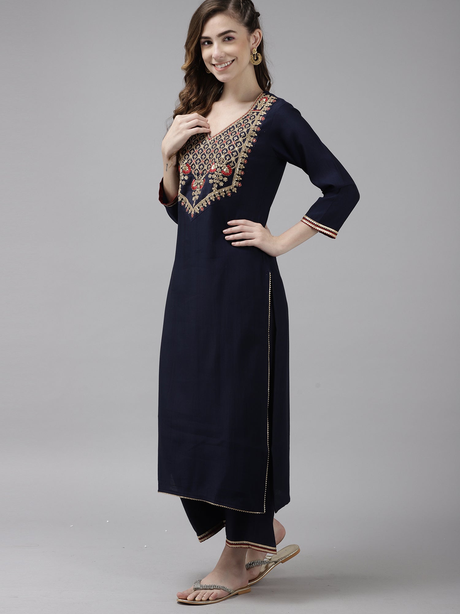 Women Navy Blue Ethnic Motifs Yoke Embroidered Kurta with Palazzos & Dupatta