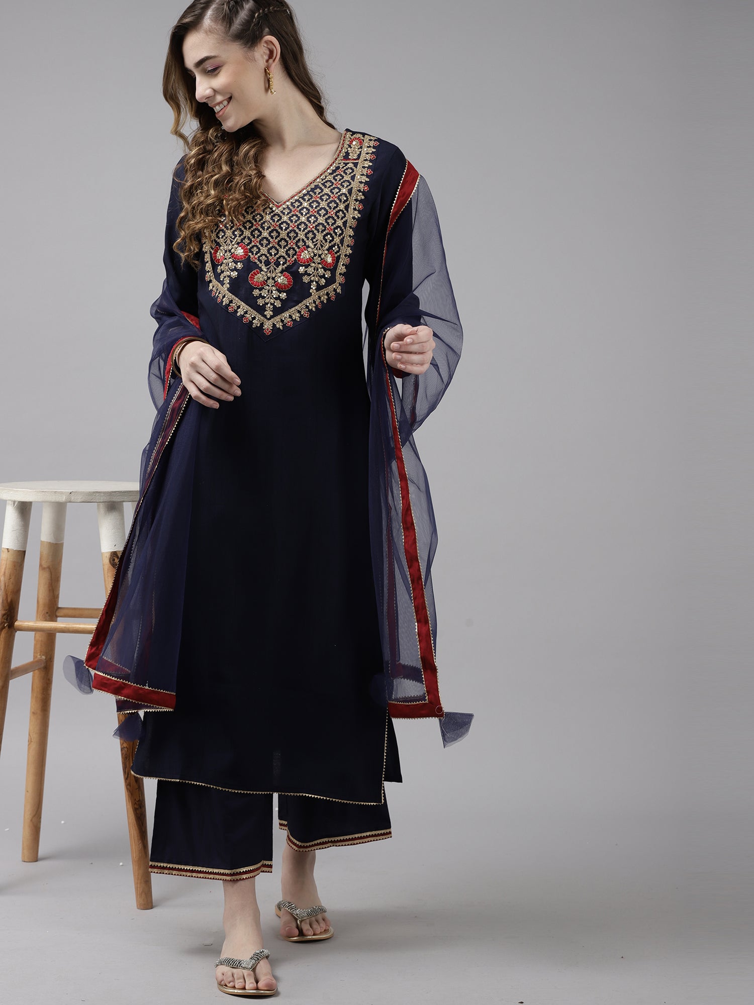 Women Navy Blue Ethnic Motifs Yoke Embroidered Kurta with Palazzos & Dupatta