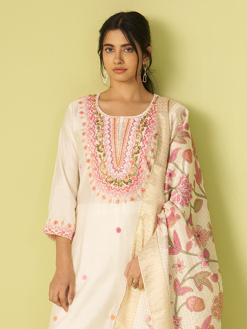 Indo Era Off White Embroidered Straight Kurta Trousers With Dupatta Set- IE