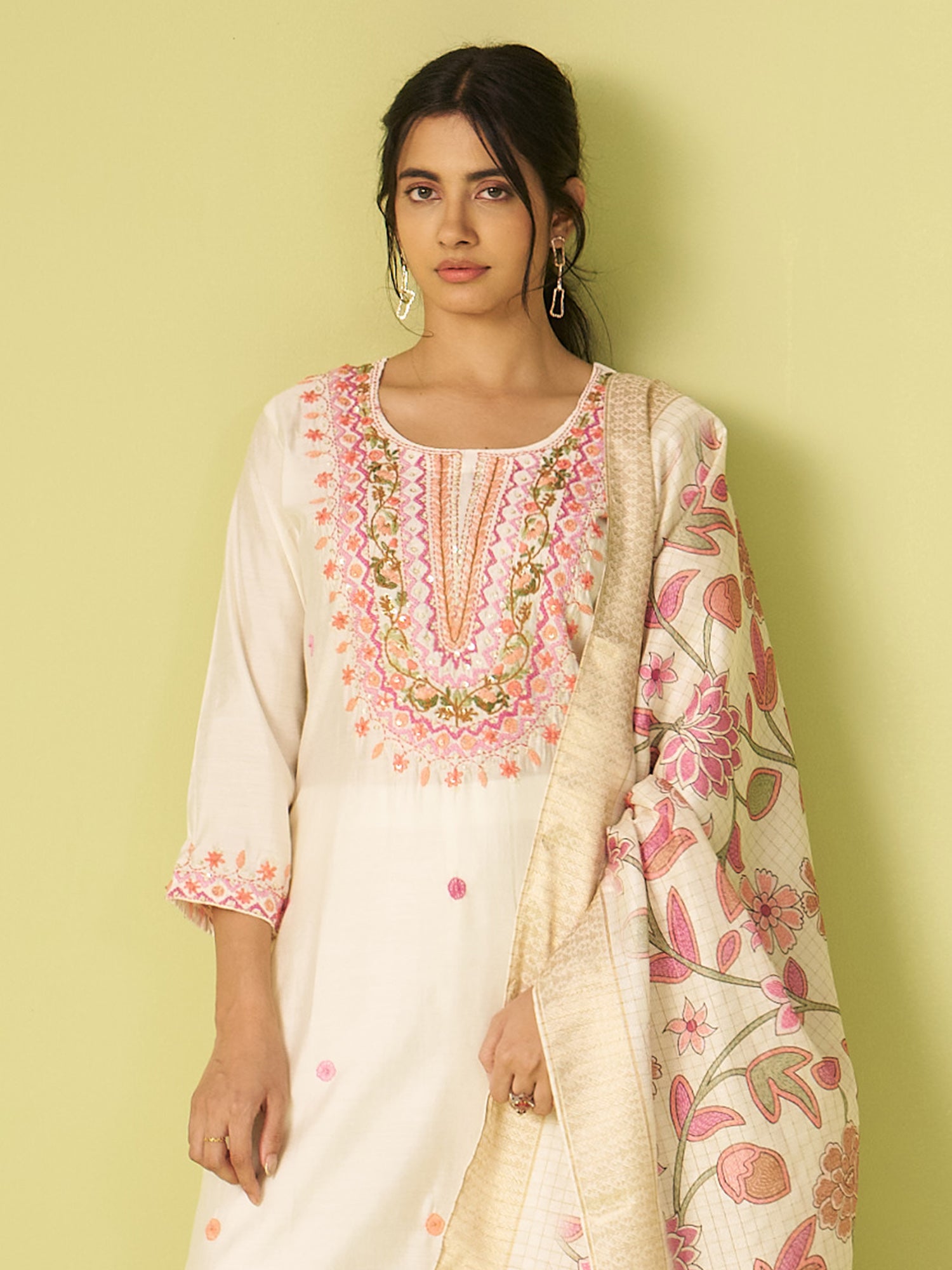 Indo Era Off White Embroidered Straight Kurta Trousers With Dupatta Set- IE