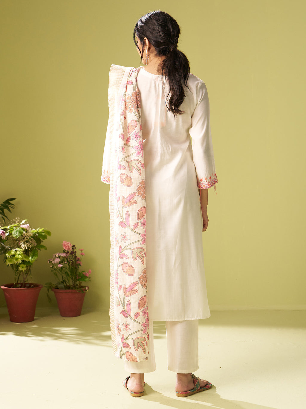 Indo Era Off White Embroidered Straight Kurta Trousers With Dupatta Set- IE