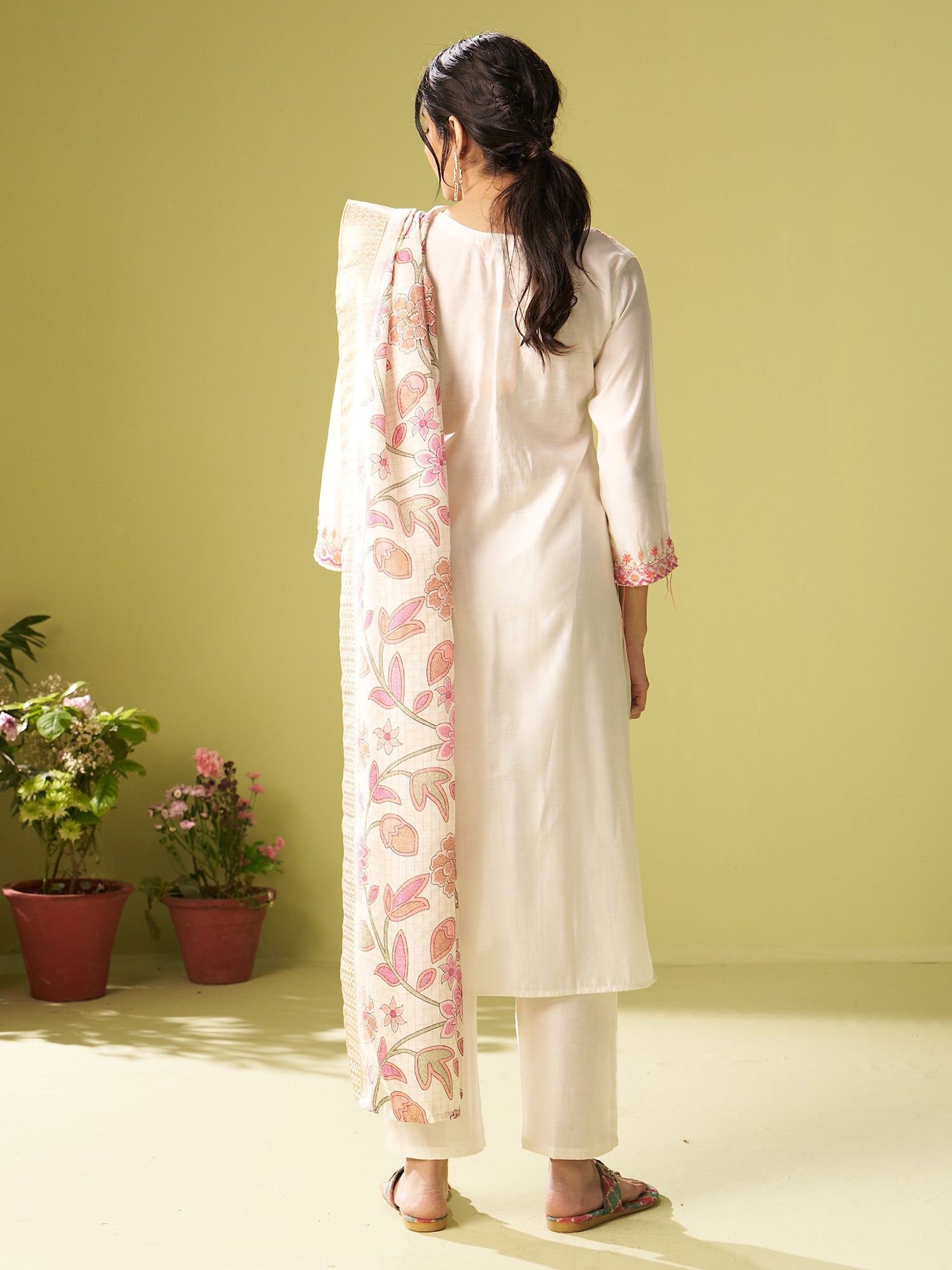 Indo Era Off White Embroidered Straight Kurta Trousers With Dupatta Set- IE