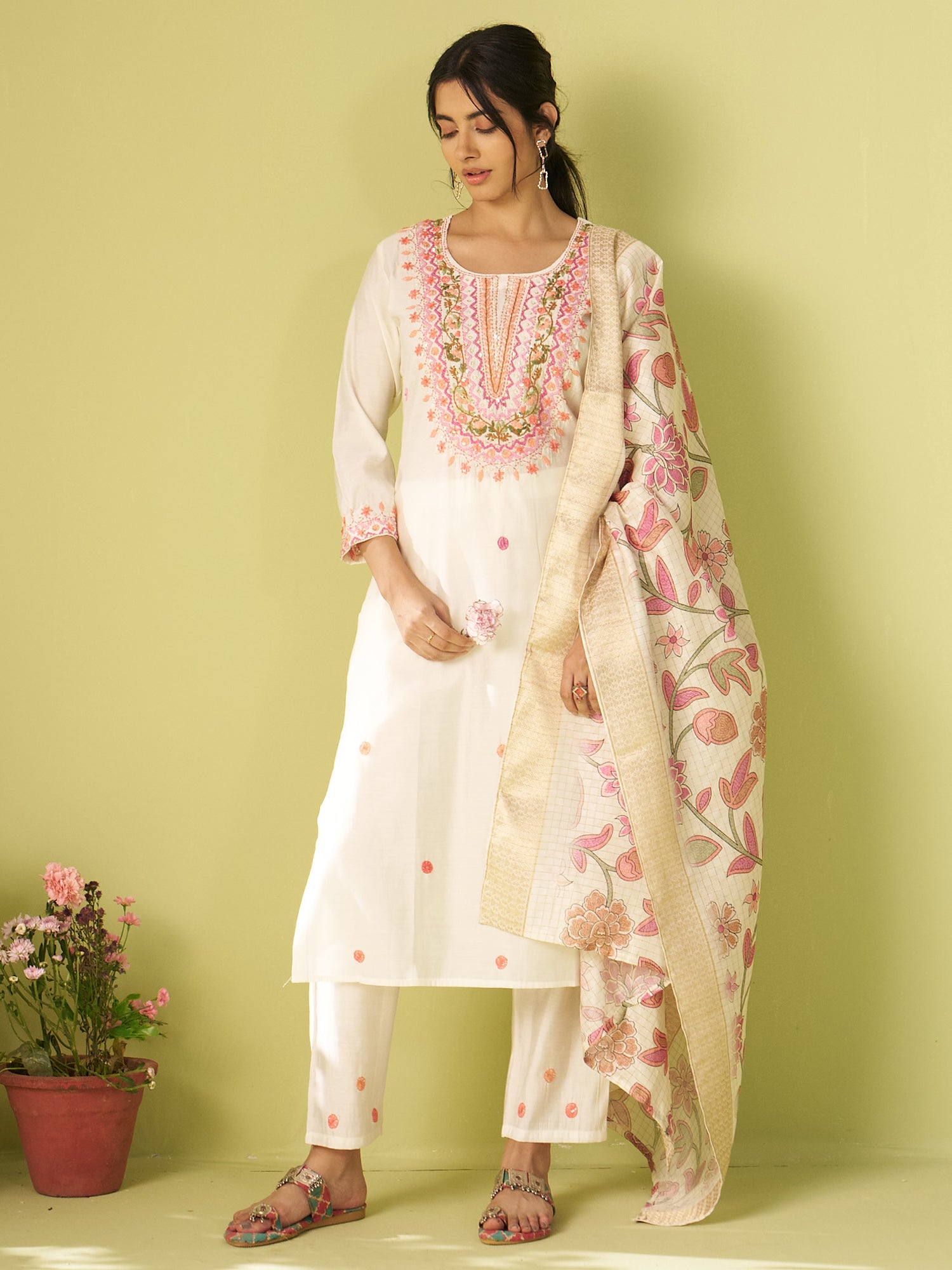 Indo Era Off White Embroidered Straight Kurta Trousers With Dupatta Set- IE