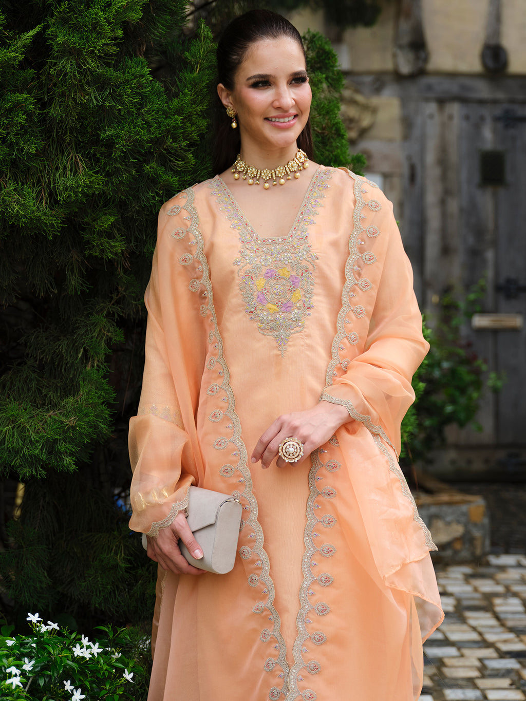 Indo Era Peach Embroidered Straight Kurta Trousers With Dupatta set- IE