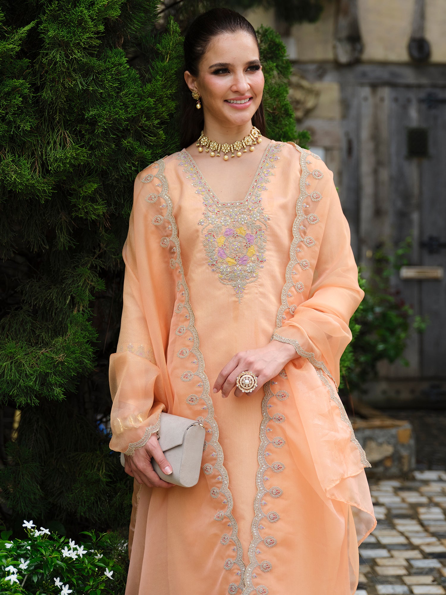 Indo Era Peach Embroidered Straight Kurta Trousers With Dupatta set- IE