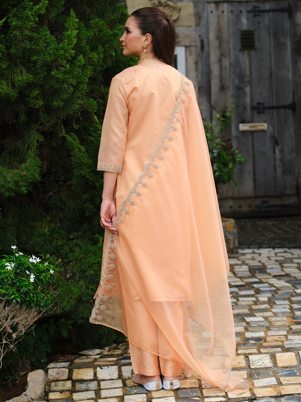 Indo Era Peach Embroidered Straight Kurta Trousers With Dupatta set- IE