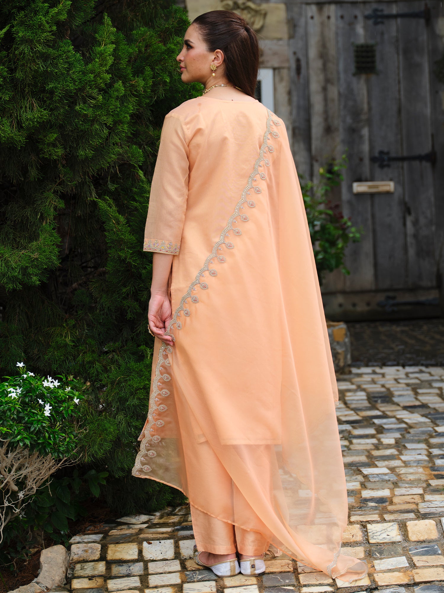 Indo Era Peach Embroidered Straight Kurta Trousers With Dupatta set- IE