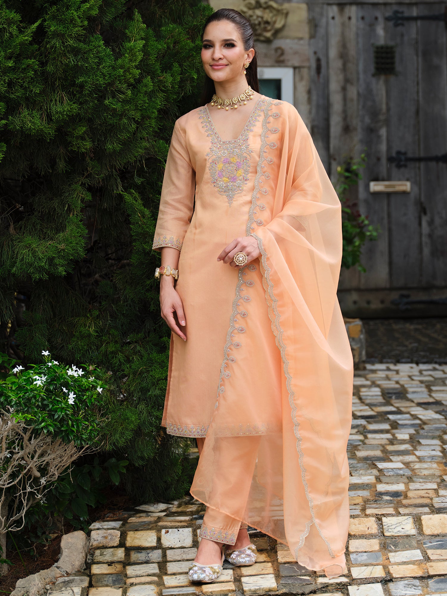 Indo Era Peach Embroidered Straight Kurta Trousers With Dupatta set- IE